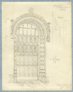 39894 Afbeelding van de gebeeldhouwde deur van de sacristie in de Domkerk te Utrecht.